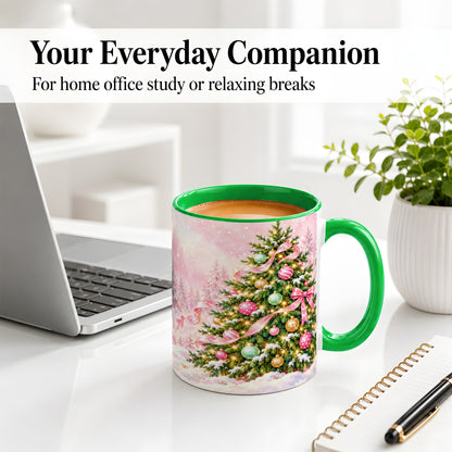 #pl[11oz|Green] Pink Ribbon Christmas Tree Accent Mug, Ceramic Cup with Snow Art