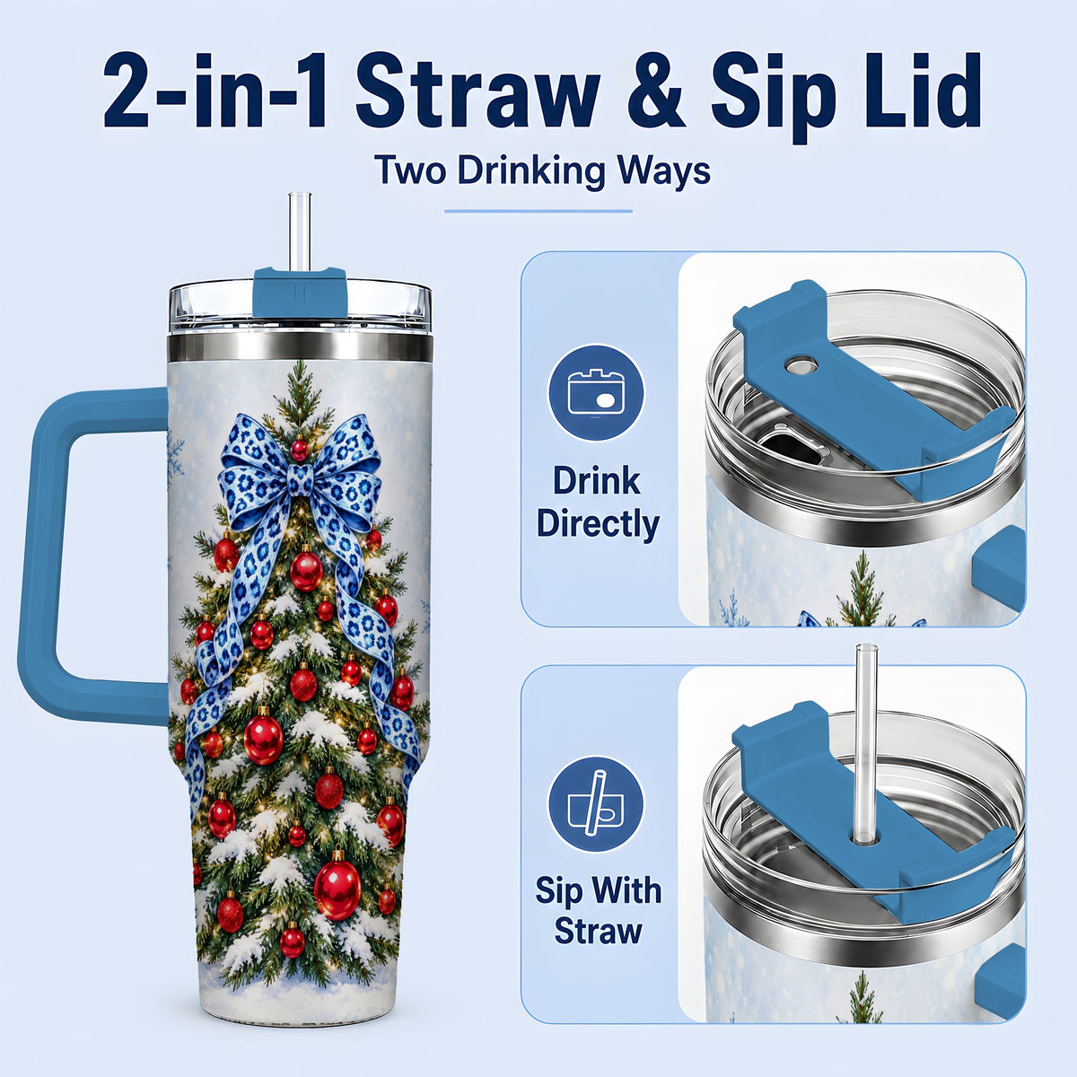 #pl[40oz|Blue] Blue Leopard Christmas Tree Tumbler, 40oz Handled Holiday Drinkware