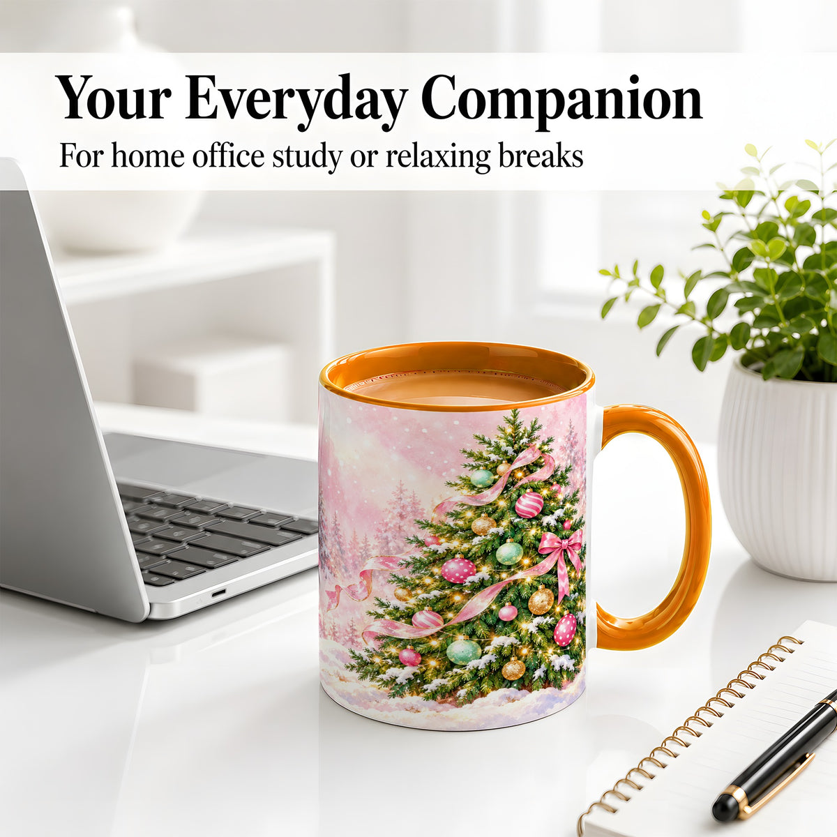 #pl[11oz|Orange] Pink Ribbon Christmas Tree Accent Mug, Ceramic Cup with Snow Art