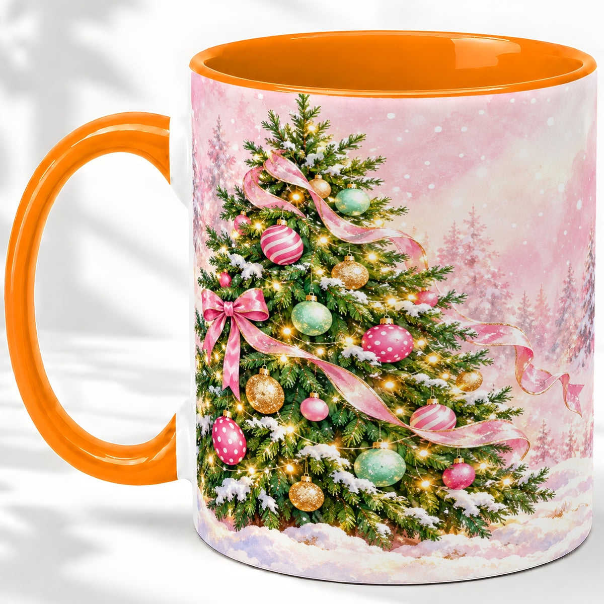 #pl[11oz|Orange] Pink Ribbon Christmas Tree Accent Mug, Ceramic Cup with Snow Art