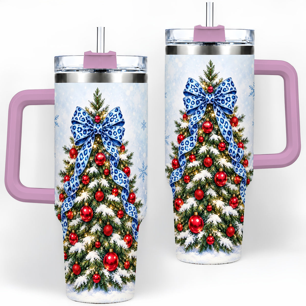 #pl[40oz|Pink] Blue Leopard Christmas Tree Tumbler, 40oz Handled Holiday Drinkware