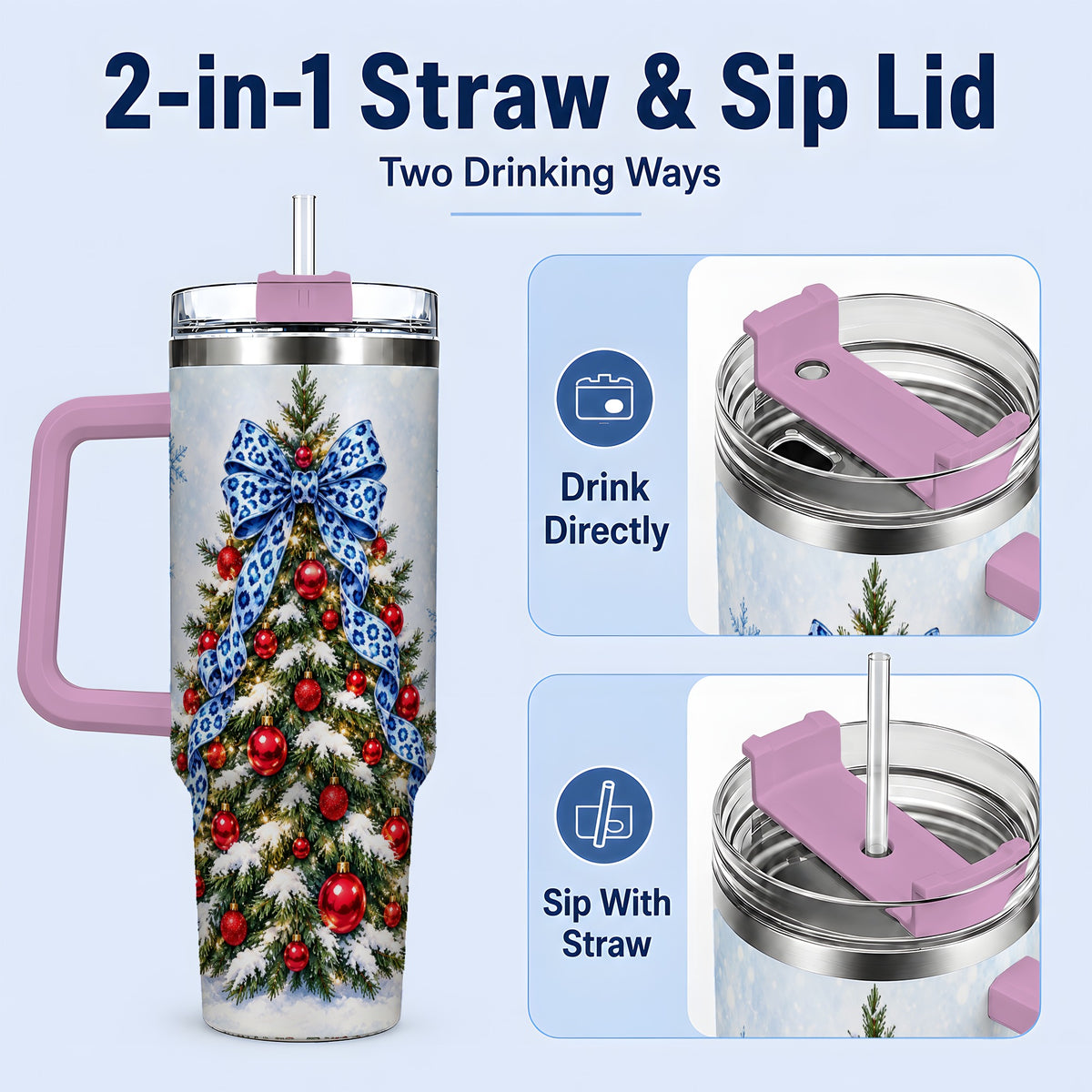 #pl[40oz|Pink] Blue Leopard Christmas Tree Tumbler, 40oz Handled Holiday Drinkware