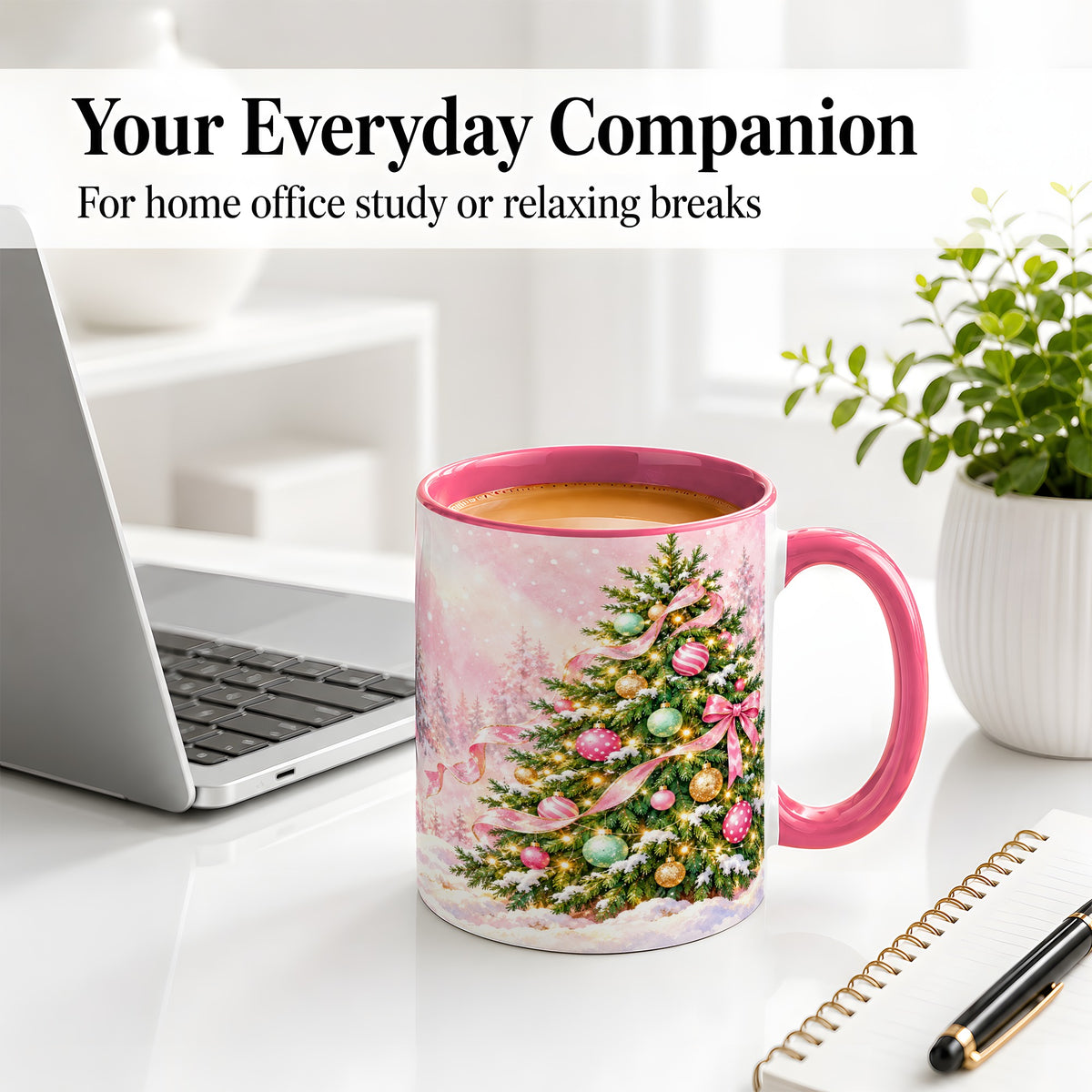 #pl[11oz|Pink] Pink Ribbon Christmas Tree Accent Mug, Ceramic Cup with Snow Art