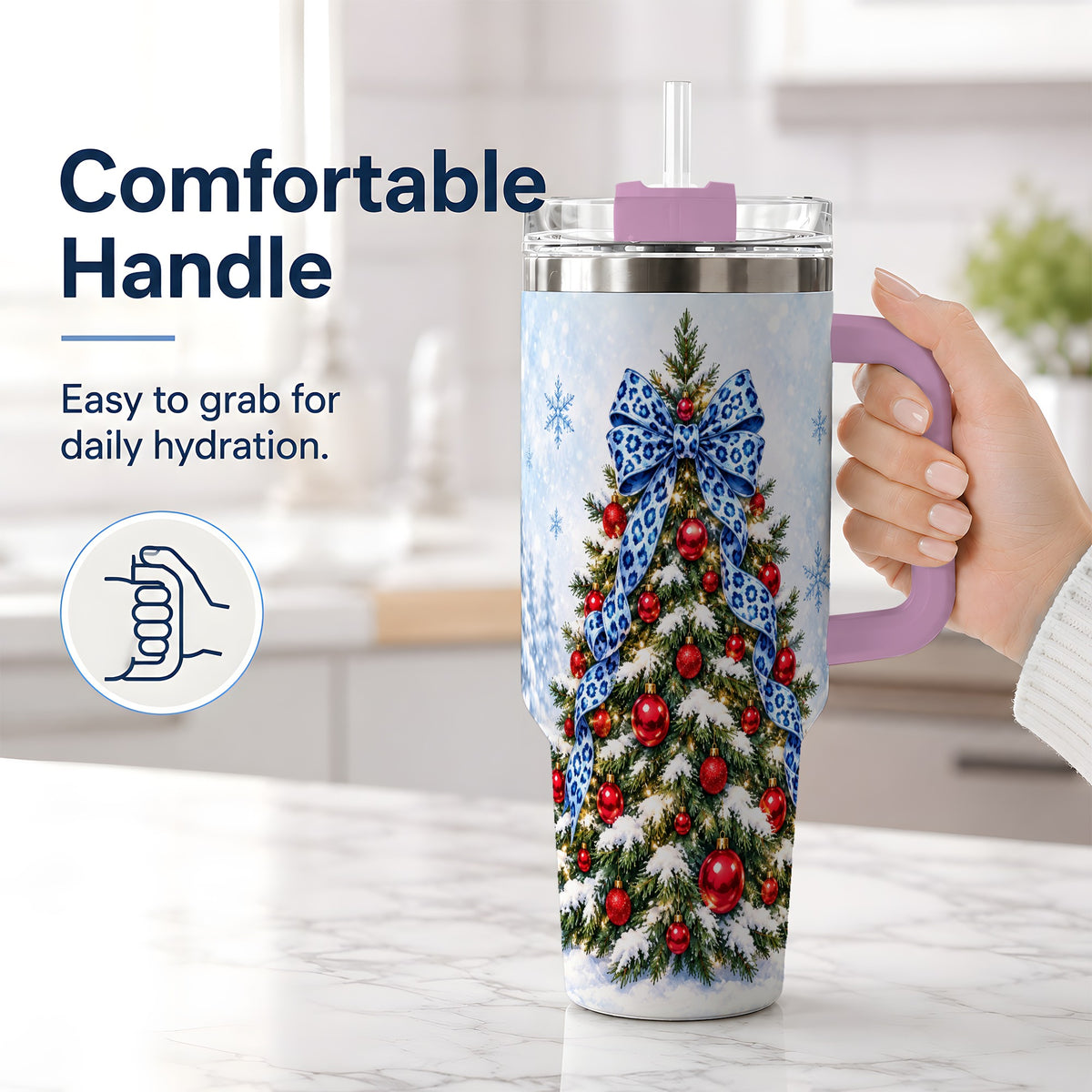 #pl[40oz|Pink] Blue Leopard Christmas Tree Tumbler, 40oz Handled Holiday Drinkware