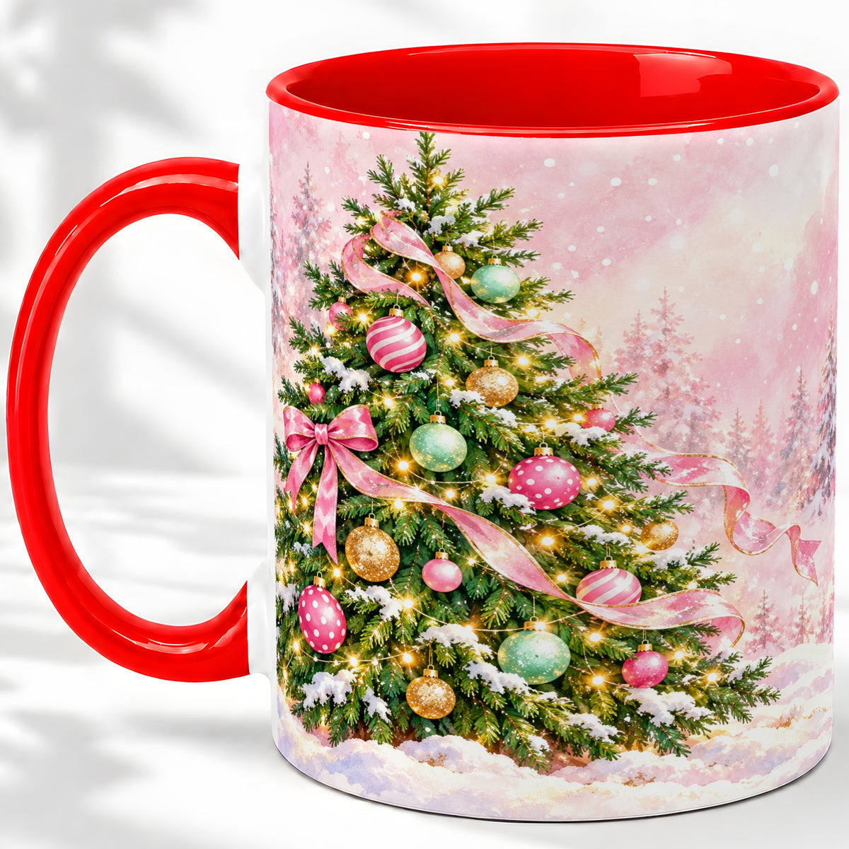 Pink Ribbon Christmas Tree Accent Mug, Ceramic Cup with Snow Art