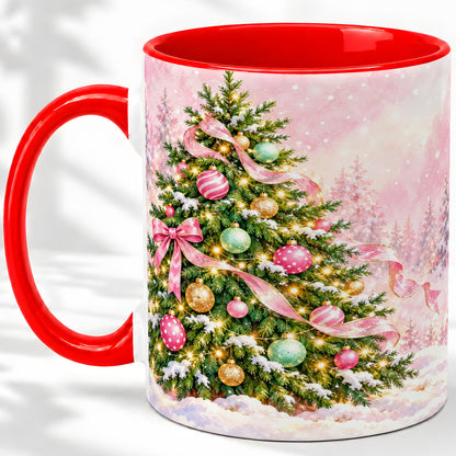 Pink Ribbon Christmas Tree Accent Mug, Ceramic Cup with Snow Art