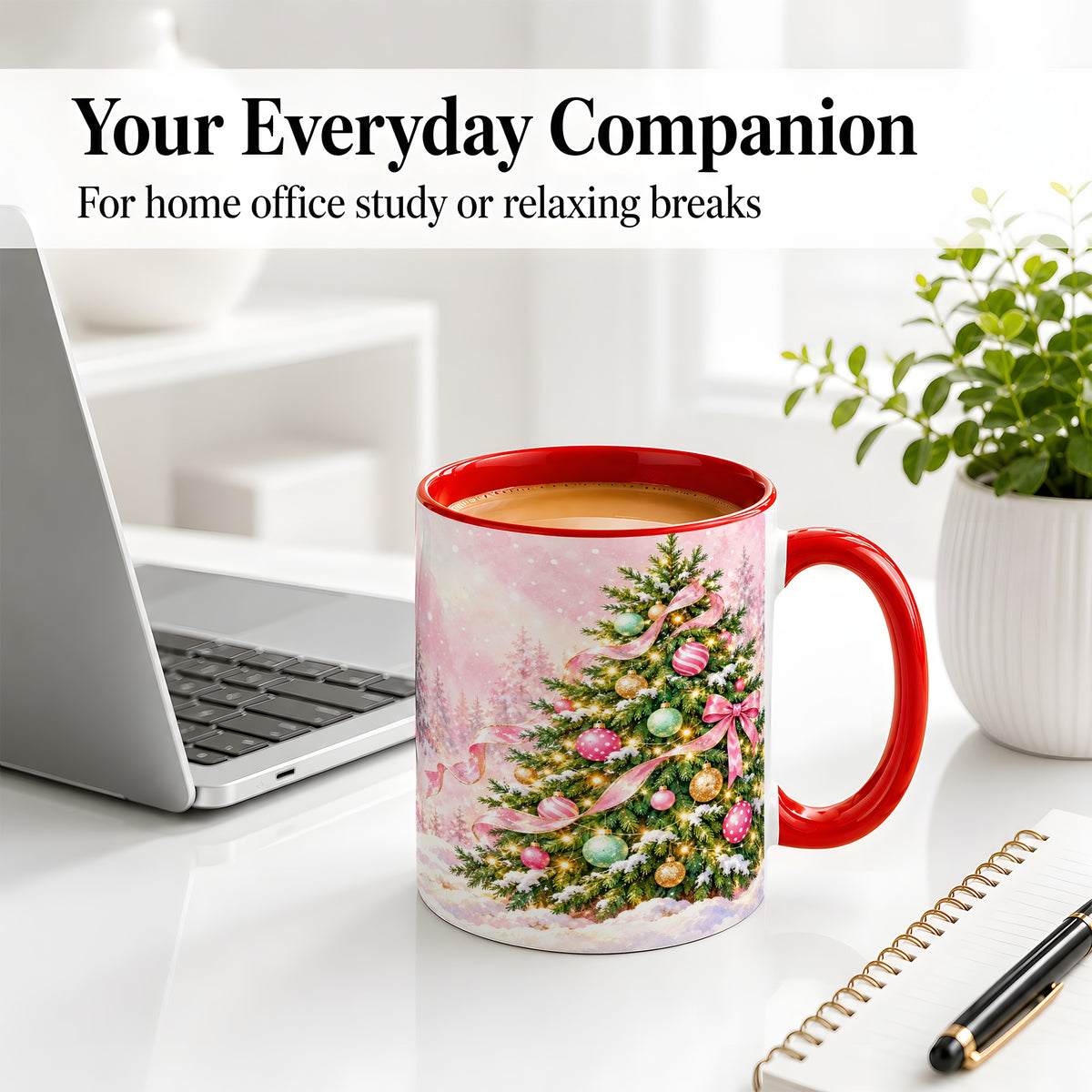 #pl[11oz|Red] Pink Ribbon Christmas Tree Accent Mug, Ceramic Cup with Snow Art