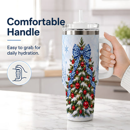 #pl[40oz|White] Blue Leopard Christmas Tree Tumbler, 40oz Handled Holiday Drinkware