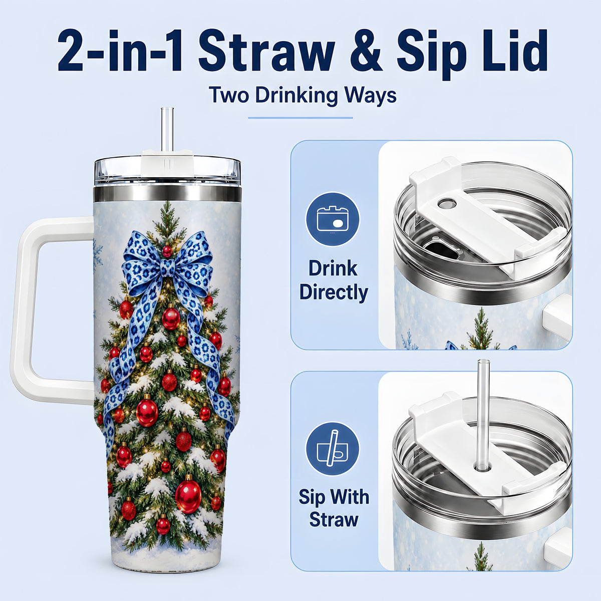 #pl[40oz|White] Blue Leopard Christmas Tree Tumbler, 40oz Handled Holiday Drinkware