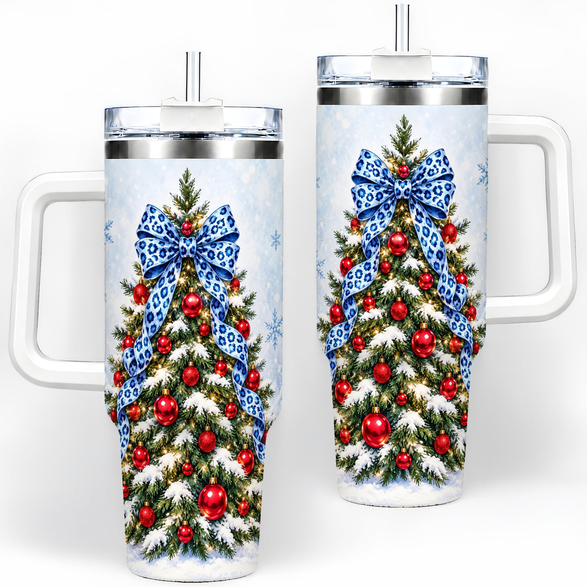 Blue Leopard Christmas Tree Tumbler, 40oz Handled Holiday Drinkware
