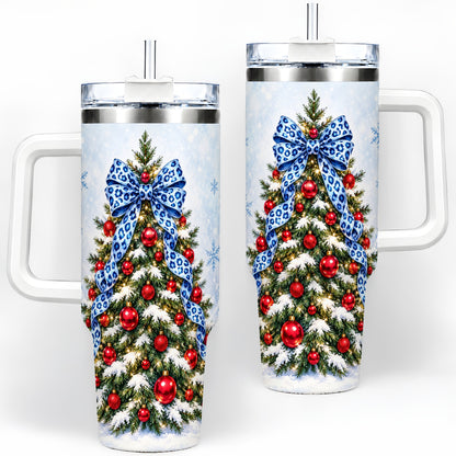 Blue Leopard Christmas Tree Tumbler, 40oz Handled Holiday Drinkware
