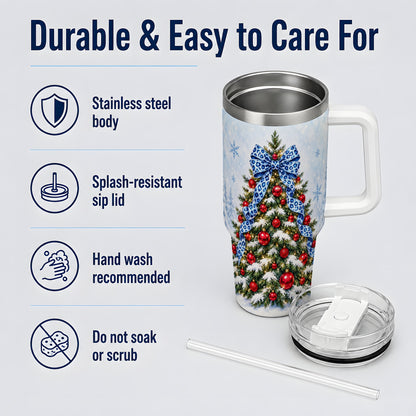 Blue Leopard Christmas Tree Tumbler, 40oz Handled Holiday Drinkware