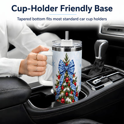 Blue Leopard Christmas Tree Tumbler, 40oz Handled Holiday Drinkware