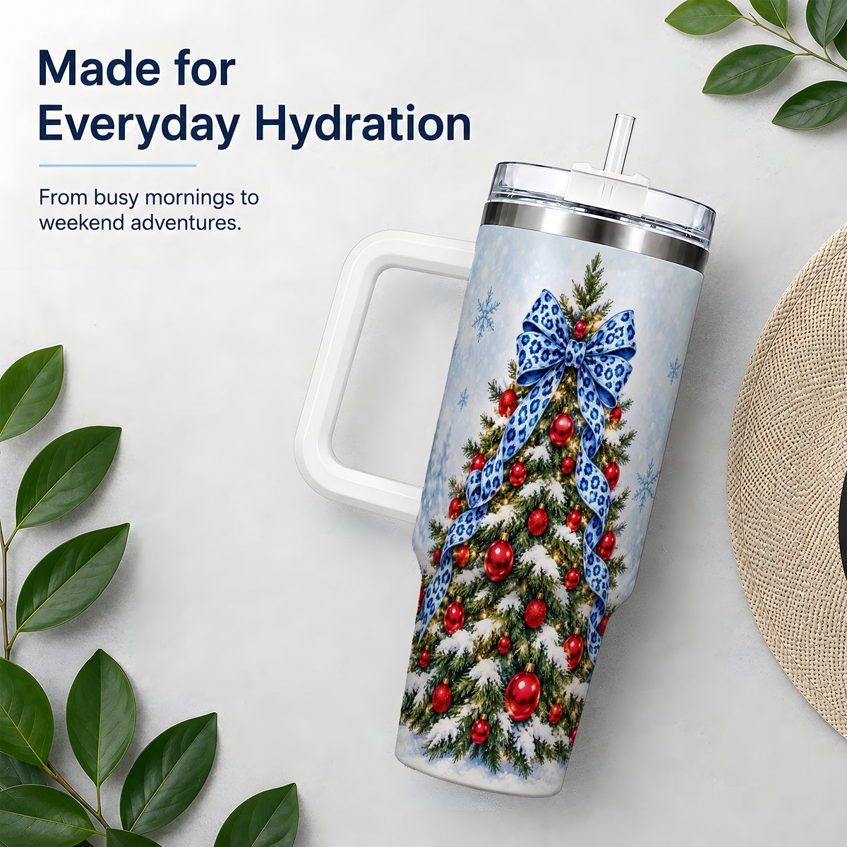 Blue Leopard Christmas Tree Tumbler, 40oz Handled Holiday Drinkware