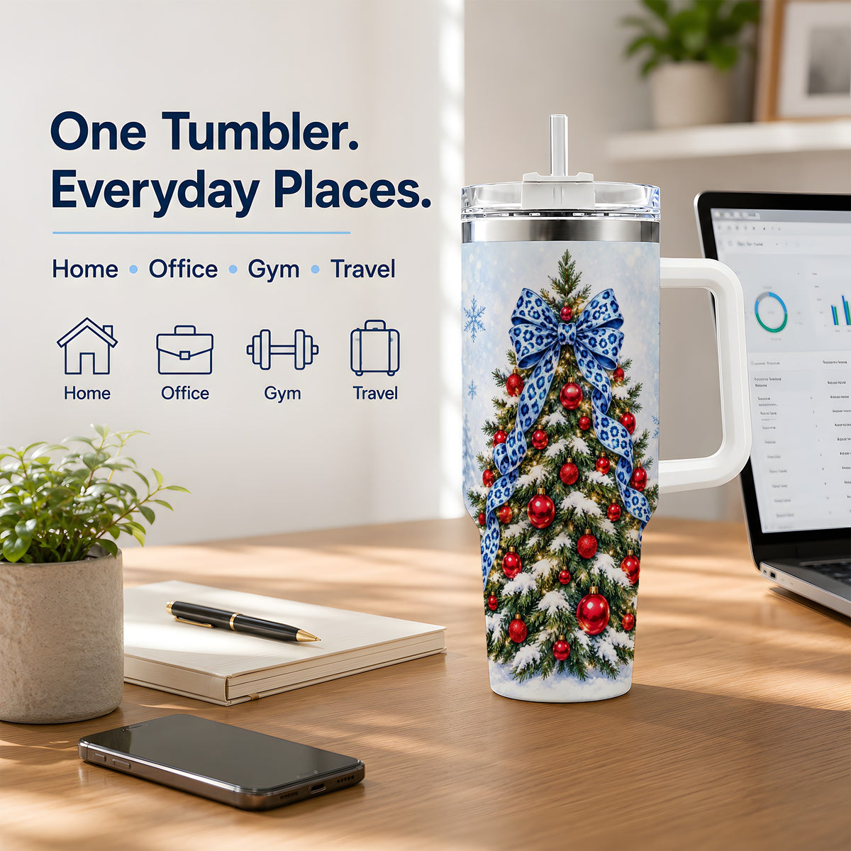 Blue Leopard Christmas Tree Tumbler, 40oz Handled Holiday Drinkware