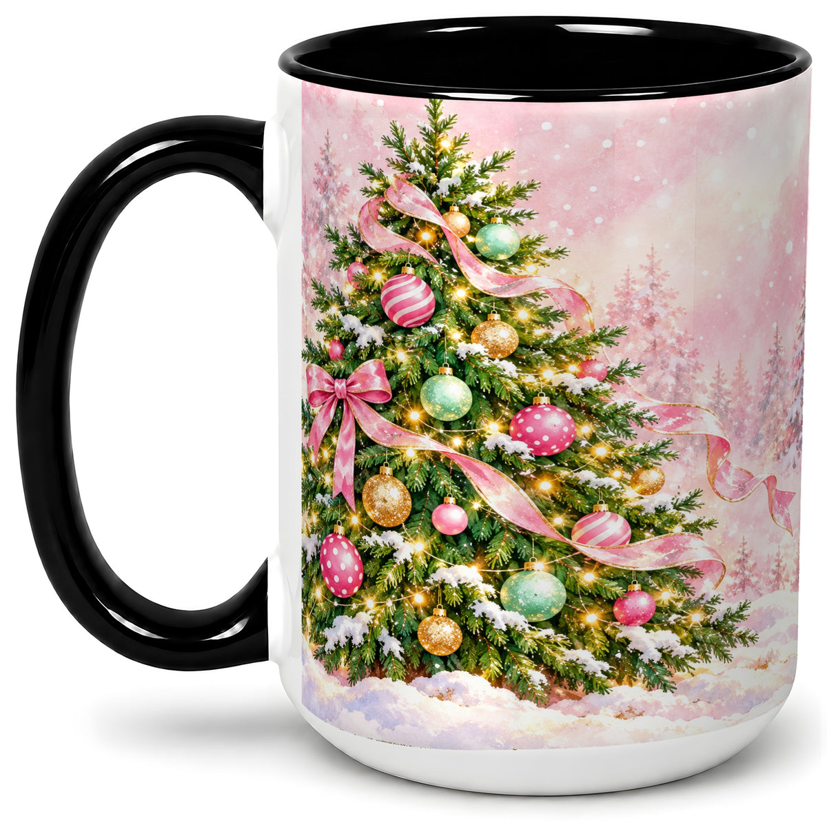 #pl[15oz|Black] Pink Ribbon Christmas Tree Accent Mug, Ceramic Cup with Snow Art