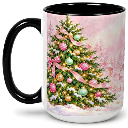 #pl[15oz|Black] Pink Ribbon Christmas Tree Accent Mug, Ceramic Cup with Snow Art