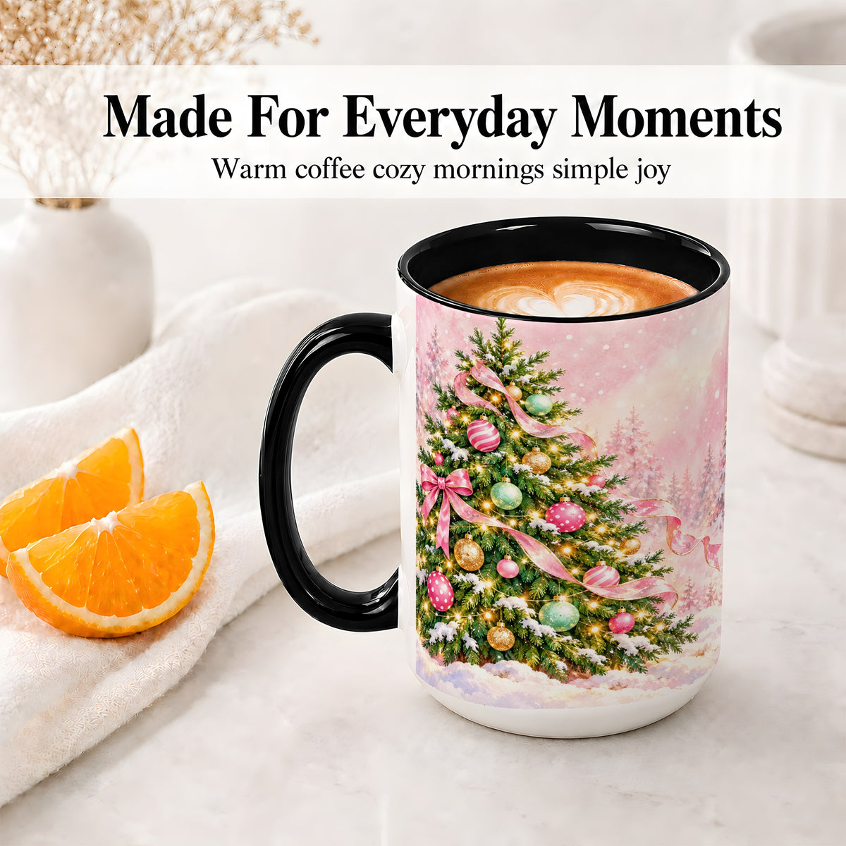 #pl[15oz|Black] Pink Ribbon Christmas Tree Accent Mug, Ceramic Cup with Snow Art