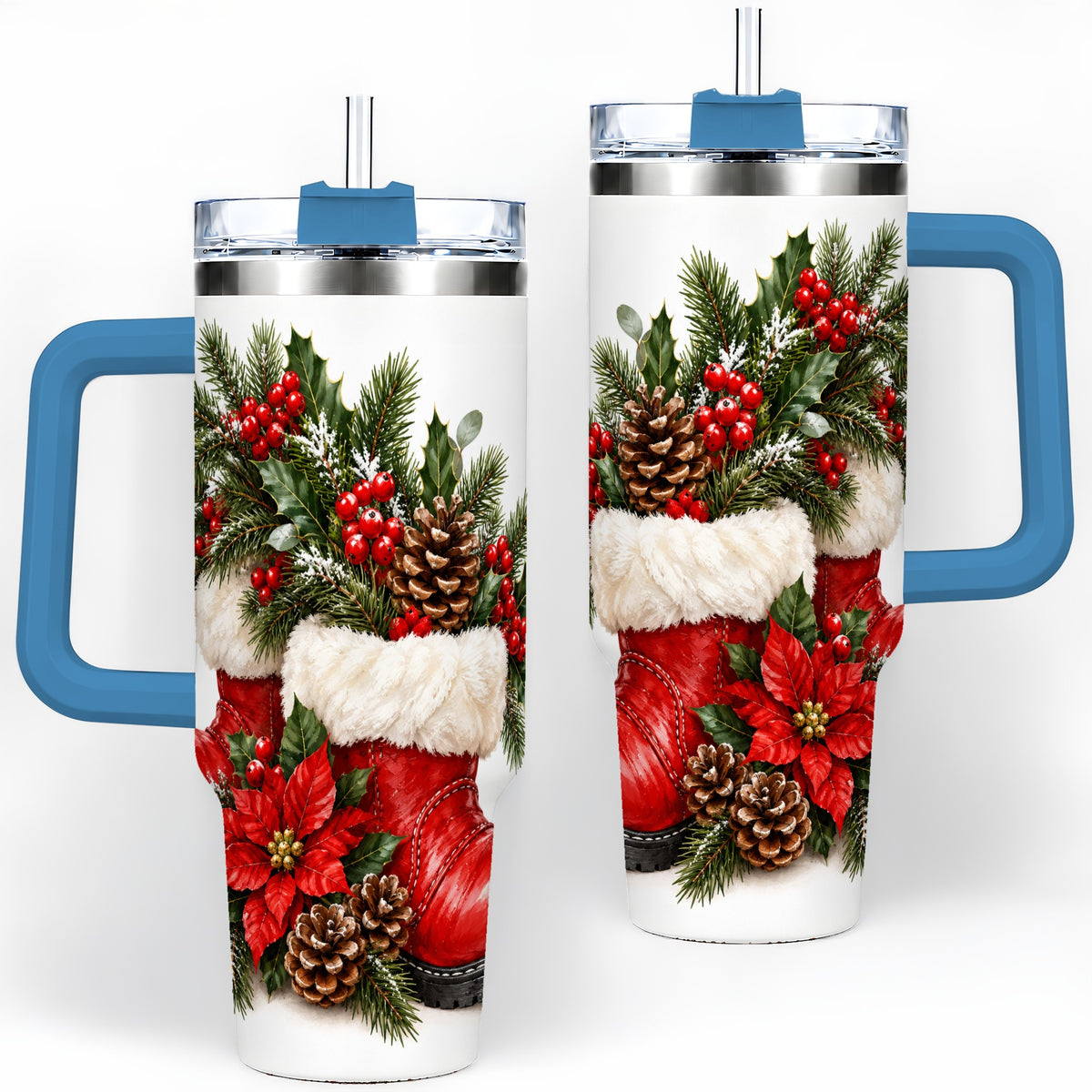#pl[40oz|Blue] Christmas Boots Tumbler, 40oz Handled Stainless Steel Holiday Drinkware