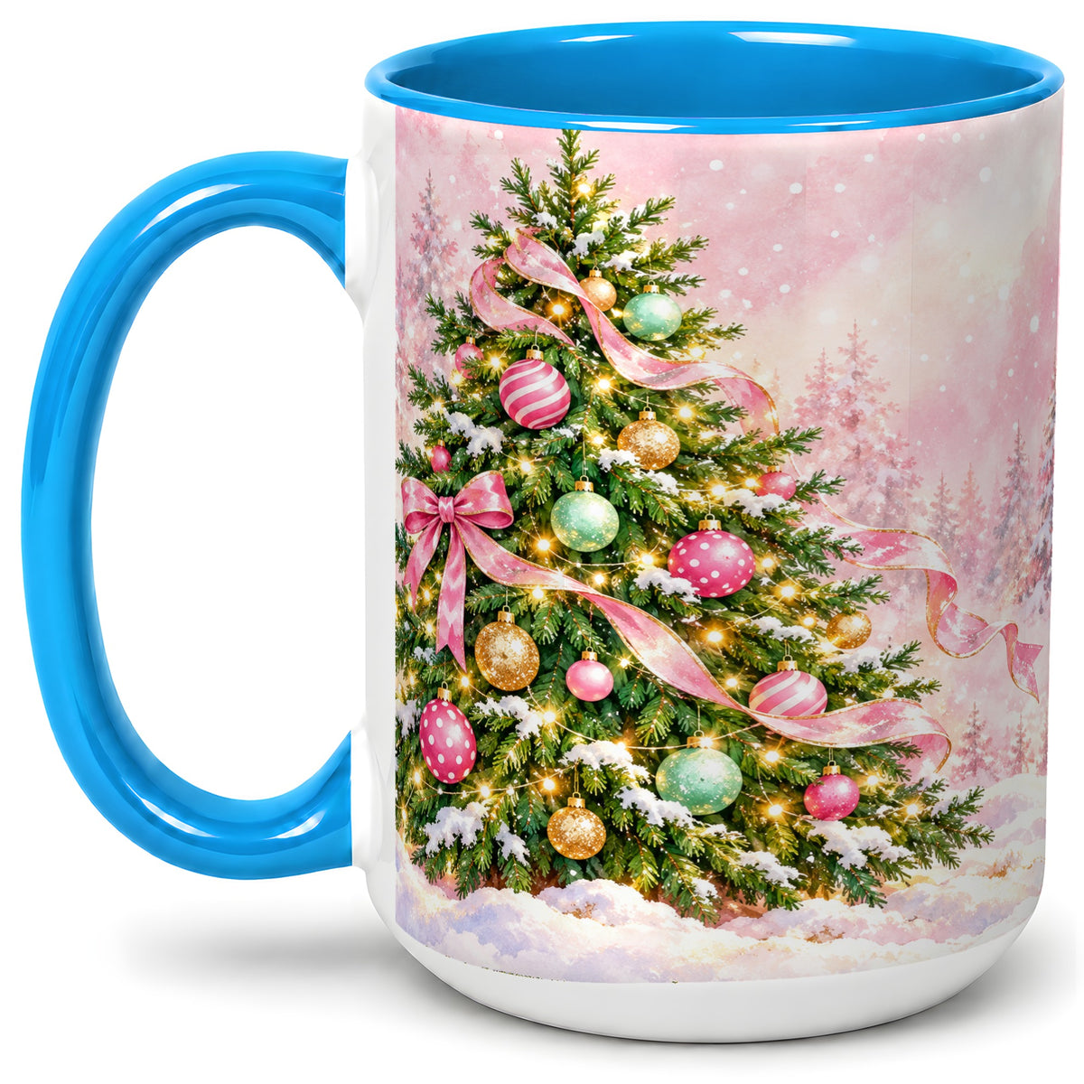 #pl[15oz|Blue] Pink Ribbon Christmas Tree Accent Mug, Ceramic Cup with Snow Art