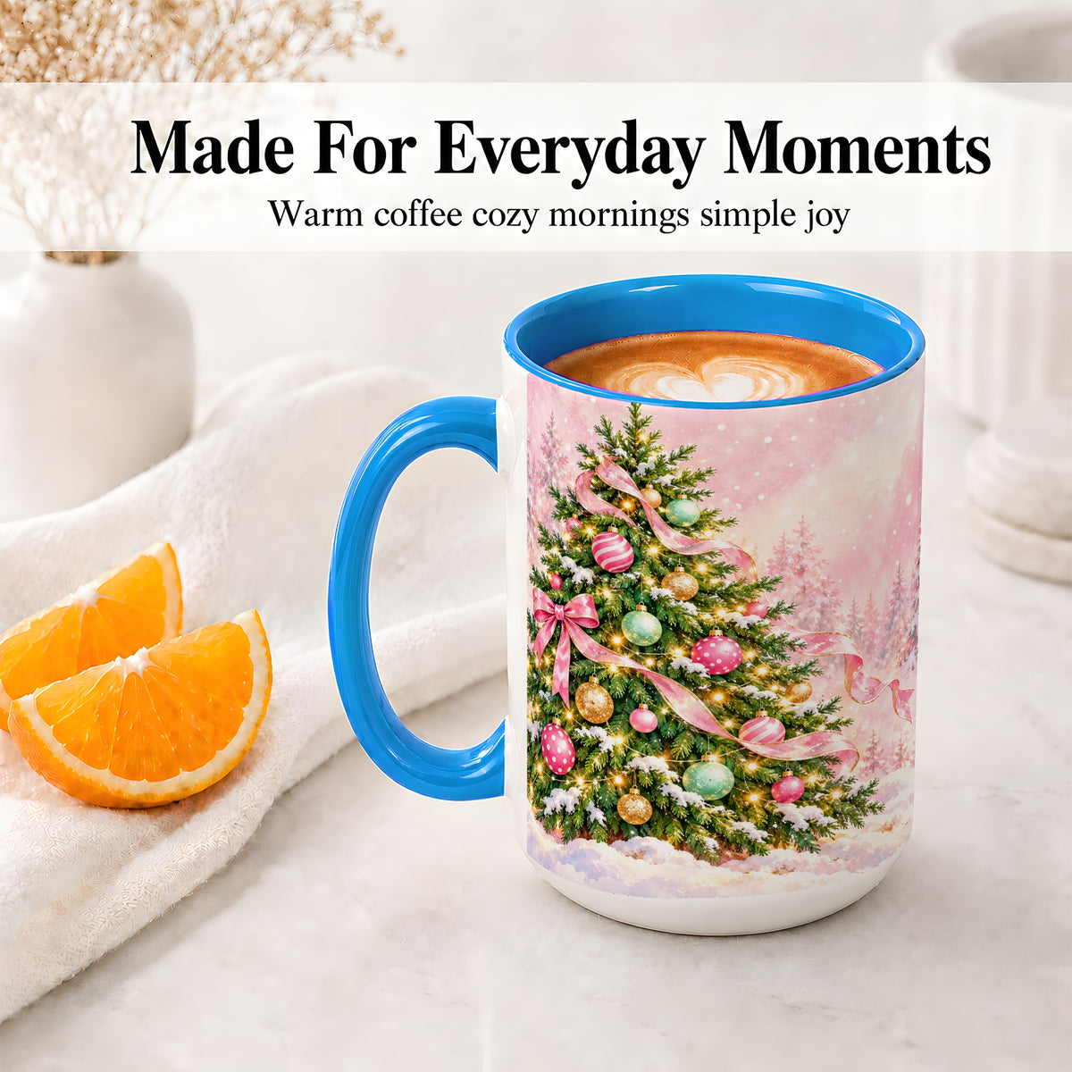 #pl[15oz|Blue] Pink Ribbon Christmas Tree Accent Mug, Ceramic Cup with Snow Art