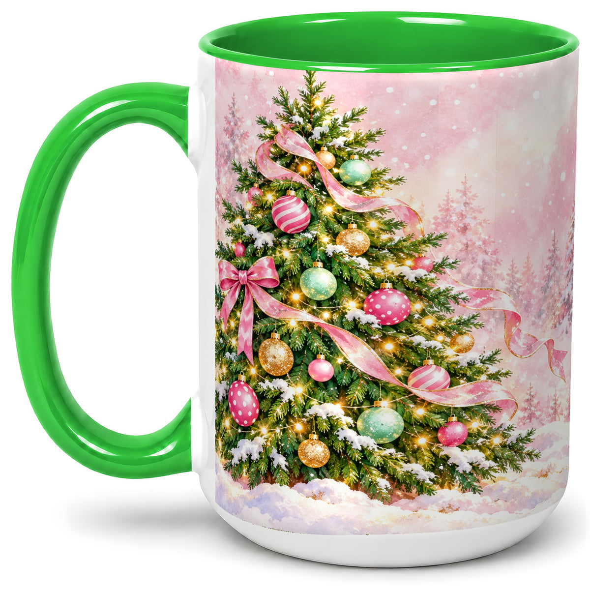 #pl[15oz|Green] Pink Ribbon Christmas Tree Accent Mug, Ceramic Cup with Snow Art