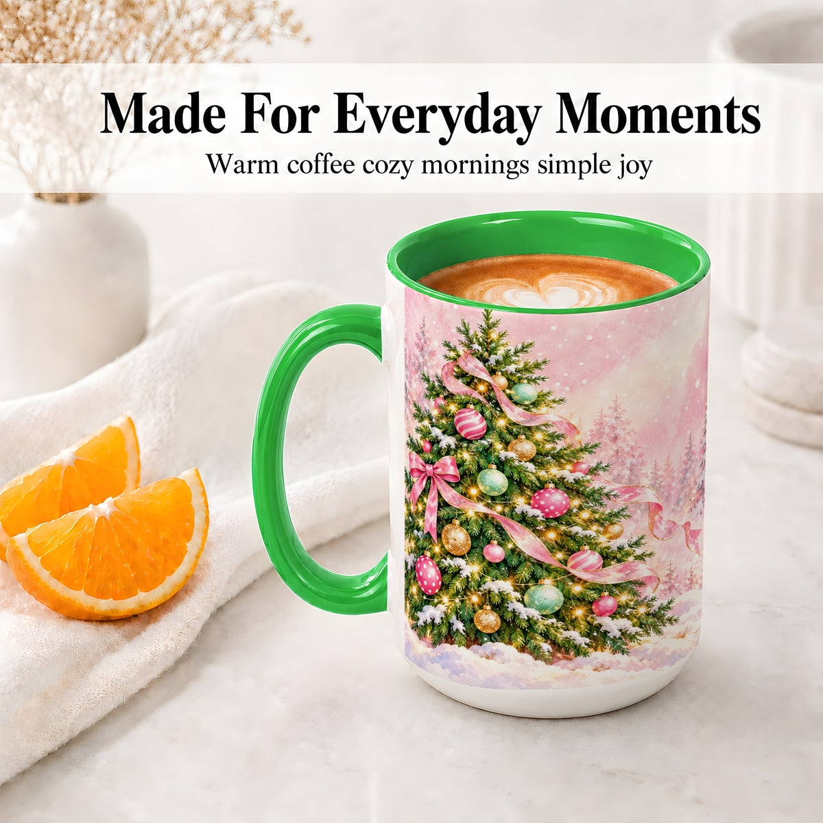 #pl[15oz|Green] Pink Ribbon Christmas Tree Accent Mug, Ceramic Cup with Snow Art