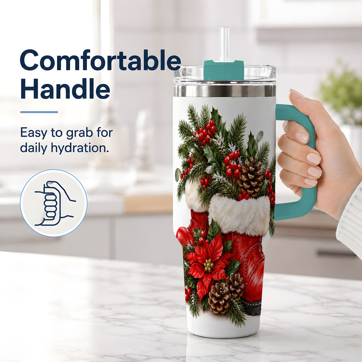 #pl[40oz|Green] Christmas Boots Tumbler, 40oz Handled Stainless Steel Holiday Drinkware