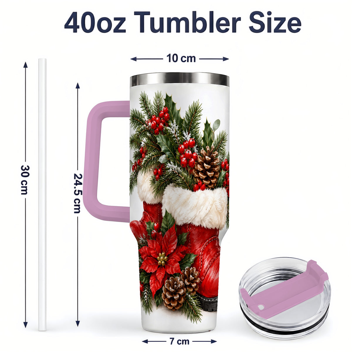 #pl[40oz|Pink] Christmas Boots Tumbler, 40oz Handled Stainless Steel Holiday Drinkware