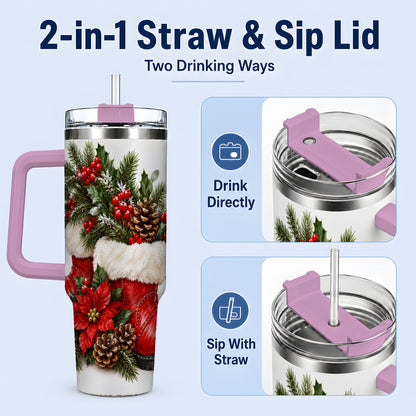 #pl[40oz|Pink] Christmas Boots Tumbler, 40oz Handled Stainless Steel Holiday Drinkware
