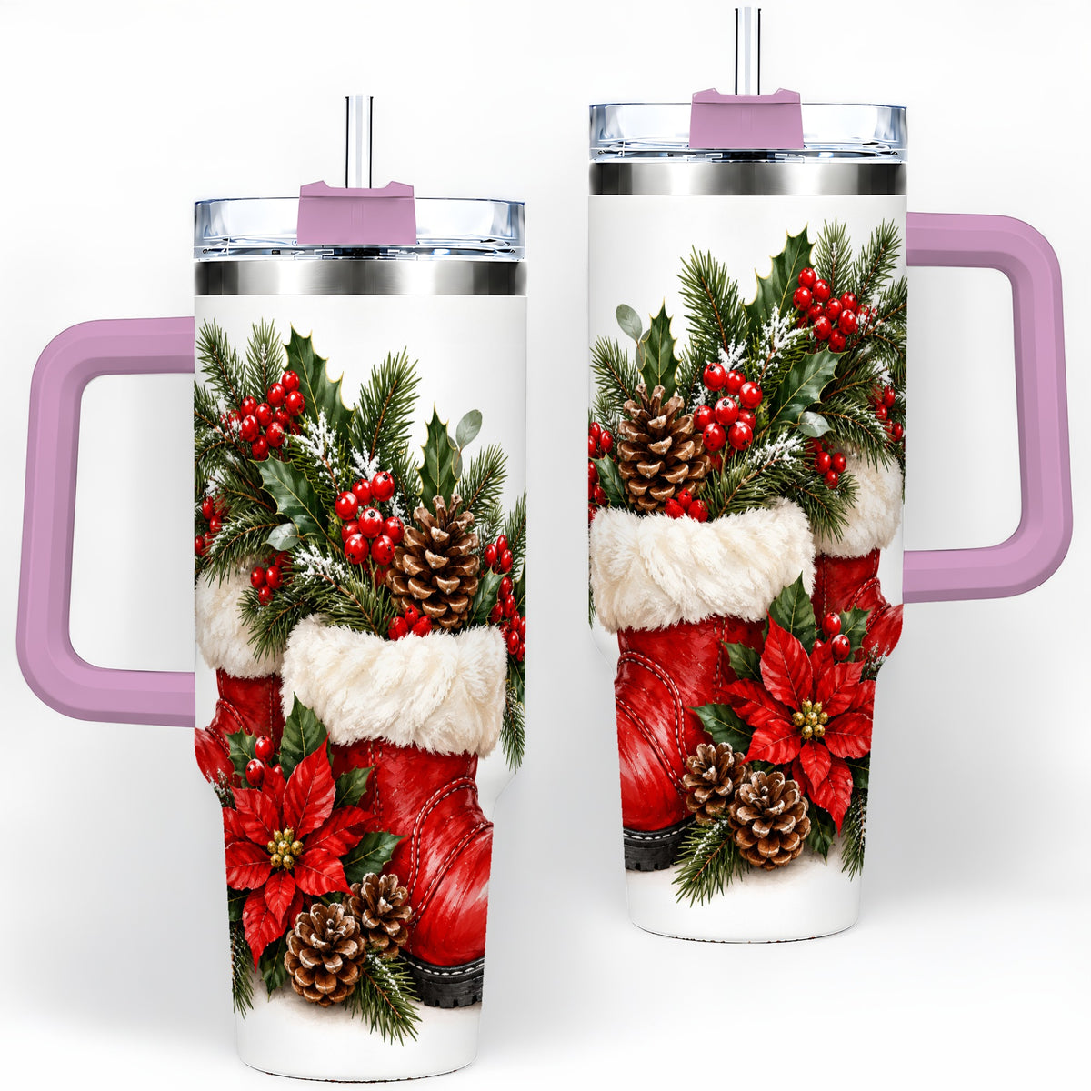 #pl[40oz|Pink] Christmas Boots Tumbler, 40oz Handled Stainless Steel Holiday Drinkware