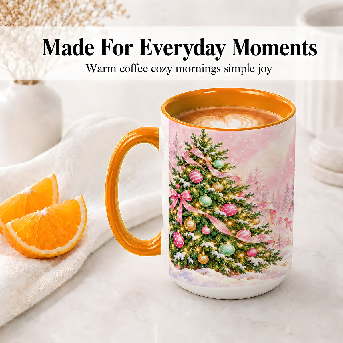 #pl[15oz|Orange] Pink Ribbon Christmas Tree Accent Mug, Ceramic Cup with Snow Art