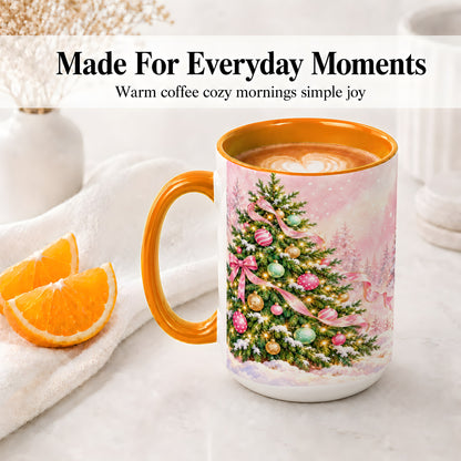#pl[15oz|Orange] Pink Ribbon Christmas Tree Accent Mug, Ceramic Cup with Snow Art