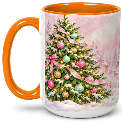 #pl[15oz|Orange] Pink Ribbon Christmas Tree Accent Mug, Ceramic Cup with Snow Art