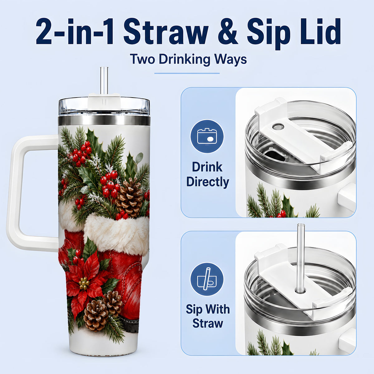 #pl[40oz|White] Christmas Boots Tumbler, 40oz Handled Stainless Steel Holiday Drinkware