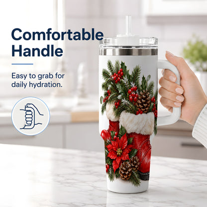 #pl[40oz|White] Christmas Boots Tumbler, 40oz Handled Stainless Steel Holiday Drinkware