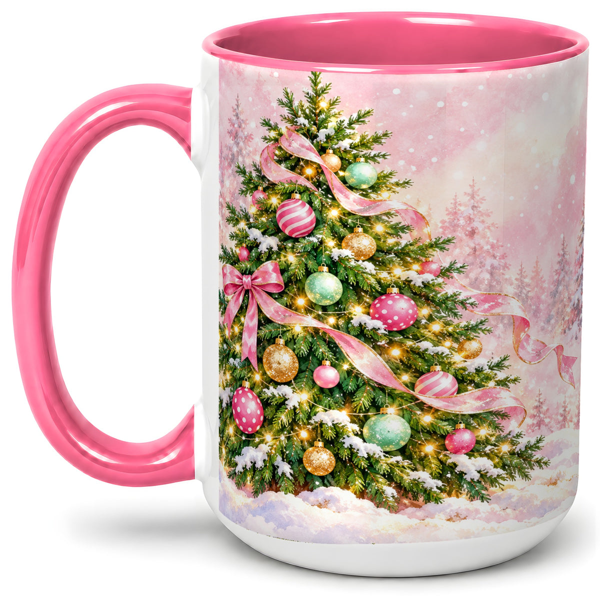 #pl[15oz|Pink] Pink Ribbon Christmas Tree Accent Mug, Ceramic Cup with Snow Art