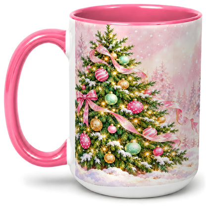 #pl[15oz|Pink] Pink Ribbon Christmas Tree Accent Mug, Ceramic Cup with Snow Art