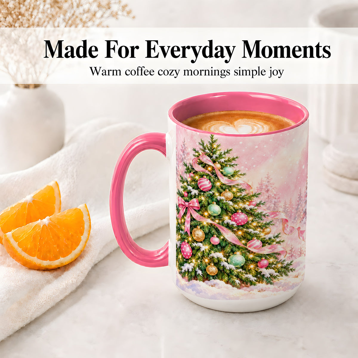 #pl[15oz|Pink] Pink Ribbon Christmas Tree Accent Mug, Ceramic Cup with Snow Art