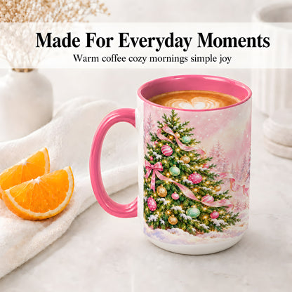 #pl[15oz|Pink] Pink Ribbon Christmas Tree Accent Mug, Ceramic Cup with Snow Art