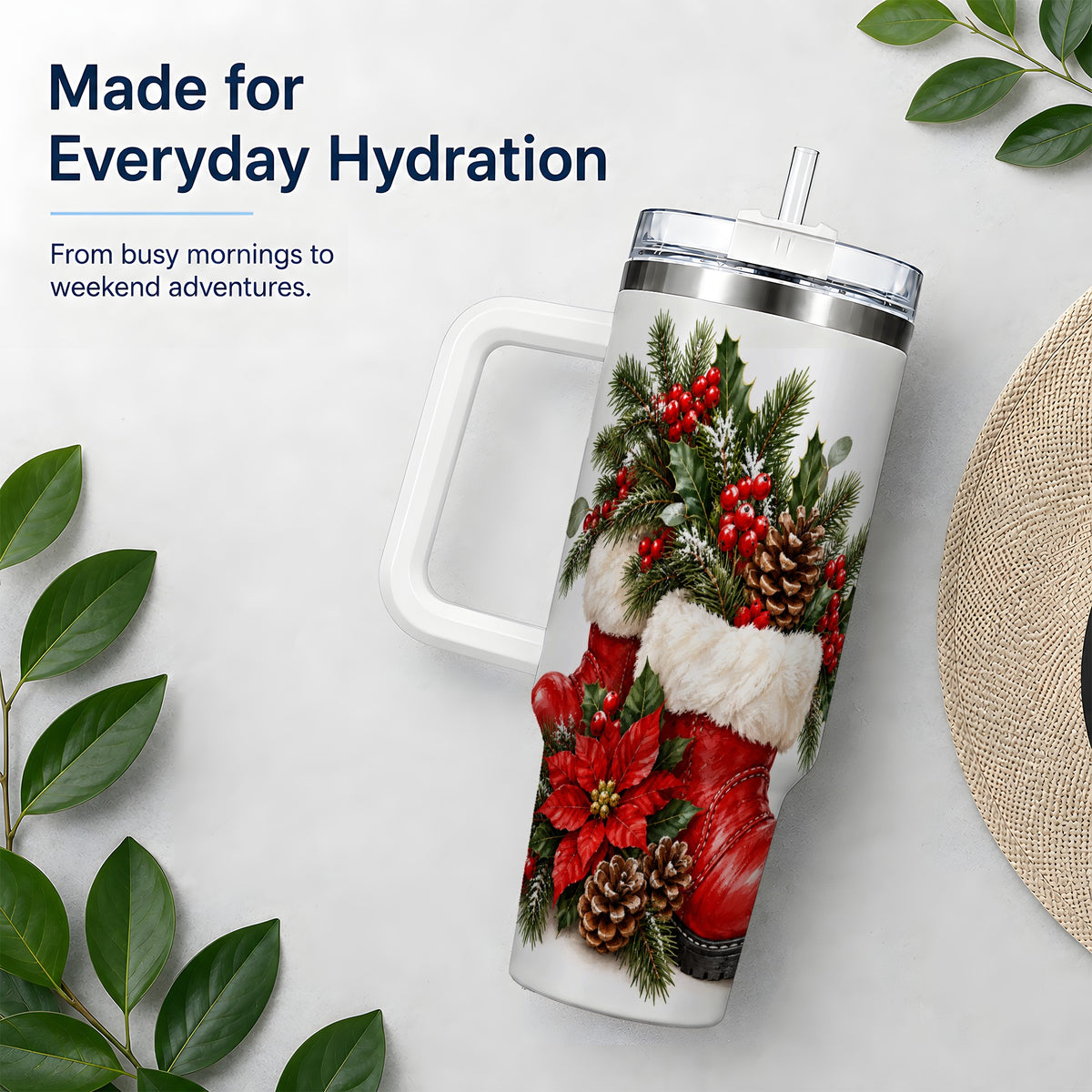 Christmas Boots Tumbler, 40oz Handled Stainless Steel Holiday Drinkware