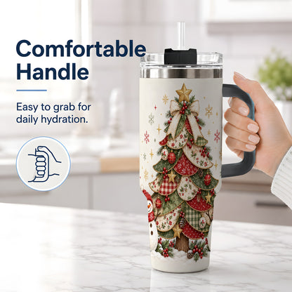 #pl[40oz|Black] Christmas Tree Snowman Handled Tumbler, 40oz Festive Winter Drinkware