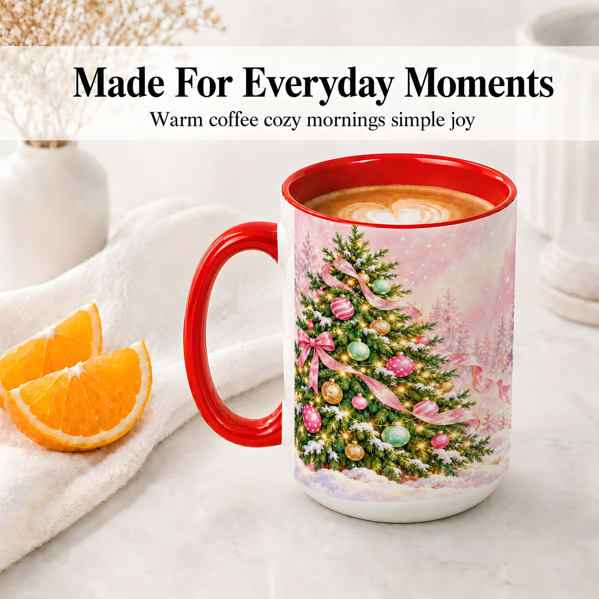 #pl[15oz|Red] Pink Ribbon Christmas Tree Accent Mug, Ceramic Cup with Snow Art