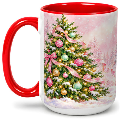 #pl[15oz|Red] Pink Ribbon Christmas Tree Accent Mug, Ceramic Cup with Snow Art