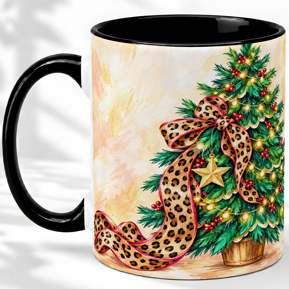 #pl[11oz|Black] Leopard Print Christmas Tree Accent Mug, Ceramic Cup with Bow Art