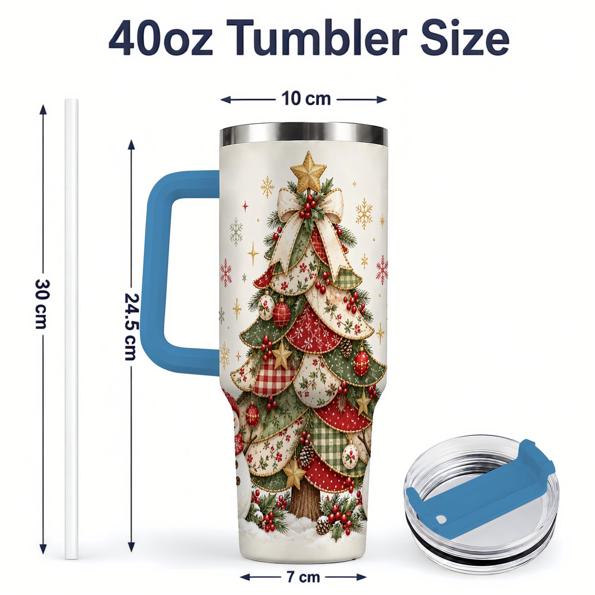 #pl[40oz|Blue] Christmas Tree Snowman Handled Tumbler, 40oz Festive Winter Drinkware