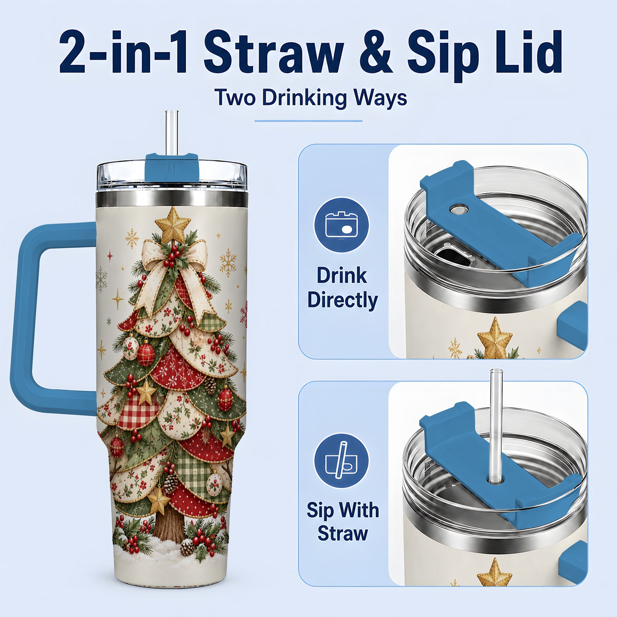 #pl[40oz|Blue] Christmas Tree Snowman Handled Tumbler, 40oz Festive Winter Drinkware