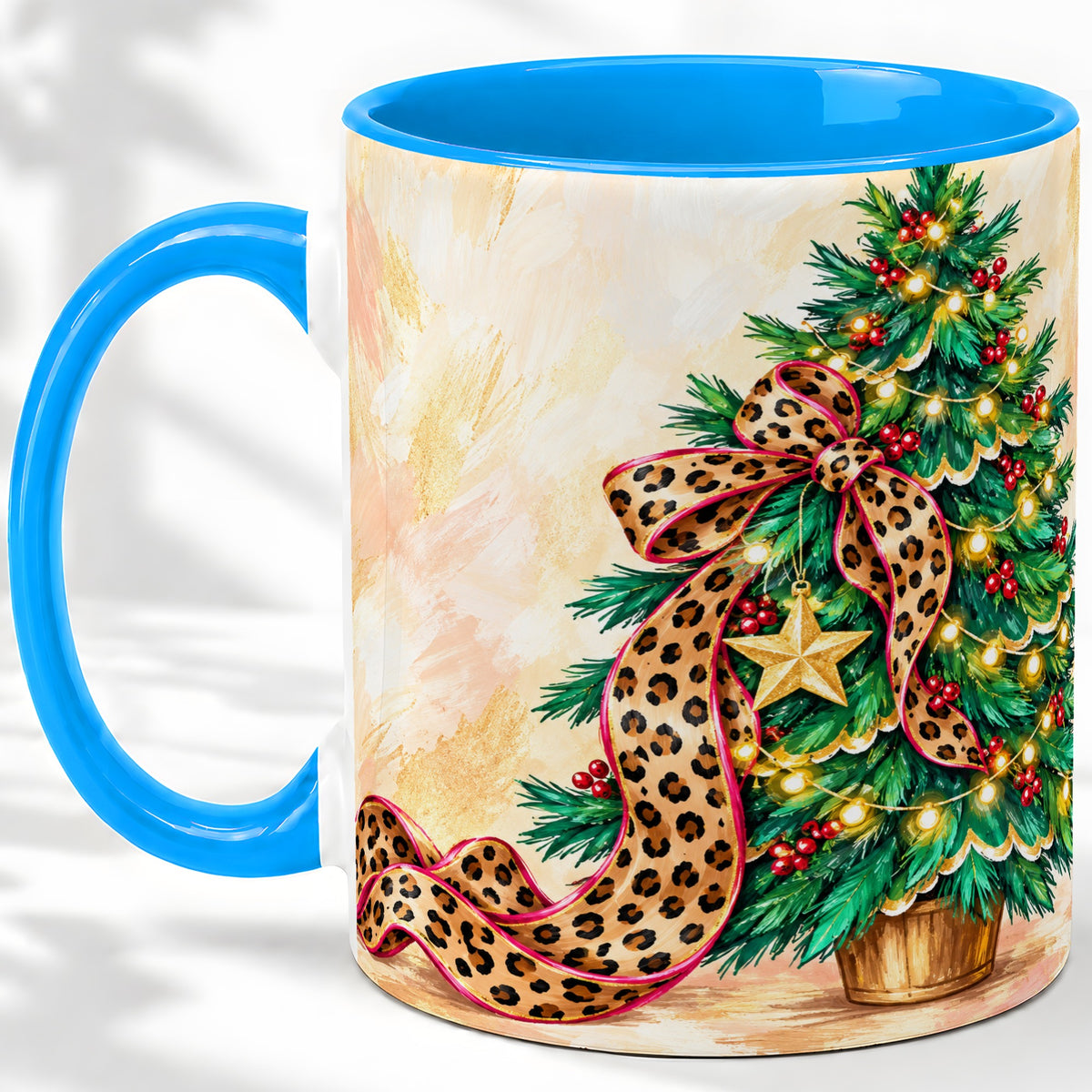 #pl[11oz|Blue] Leopard Print Christmas Tree Accent Mug, Ceramic Cup with Bow Art