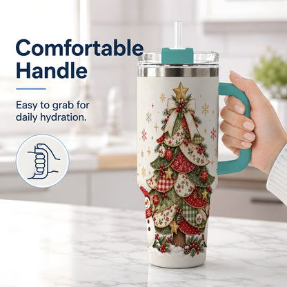 #pl[40oz|Green] Christmas Tree Snowman Handled Tumbler, 40oz Festive Winter Drinkware