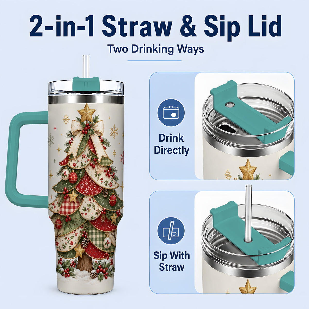#pl[40oz|Green] Christmas Tree Snowman Handled Tumbler, 40oz Festive Winter Drinkware